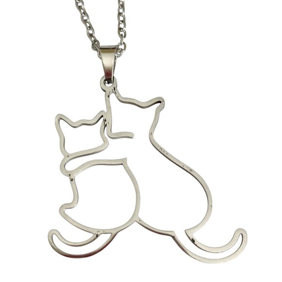 Two Cats Charm Pendant Necklace 17-19" Chain Stainless Steel Cat Lady Silhouette - Picture 1 of 8